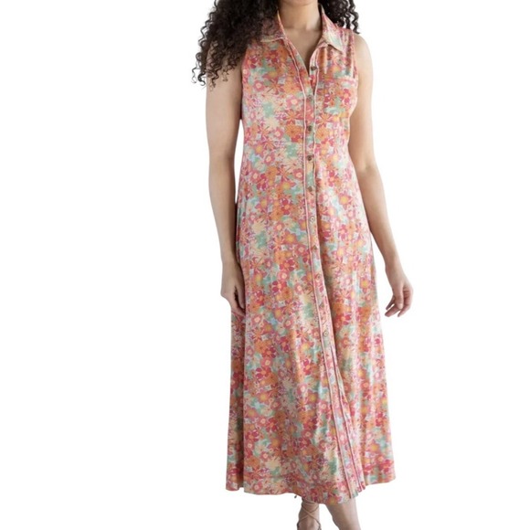 NATURAL LIFE Dresses & Skirts - Natural Life Maxi Dress Women's Medium Retro Floral Boho Button Up Cotton